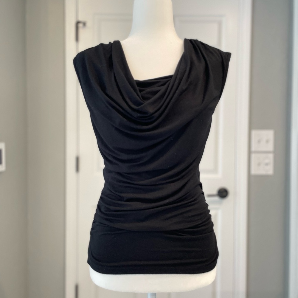 Black sleeveless blouse with cowl neck and ruched details